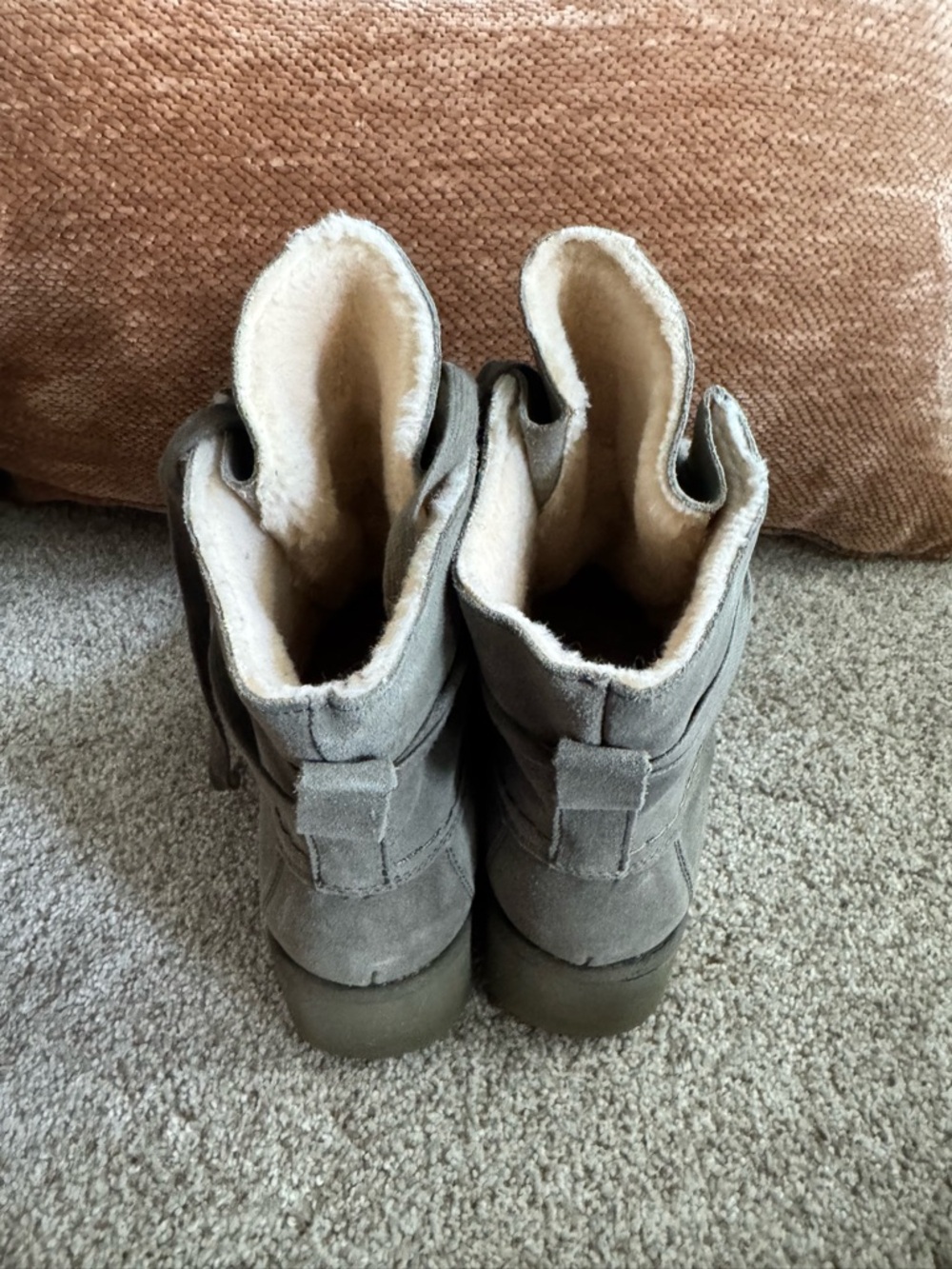 BearPaw Olive Gray Suede Lace-Up Ankle Boots with Faux Shearling - Picture 12 of 14